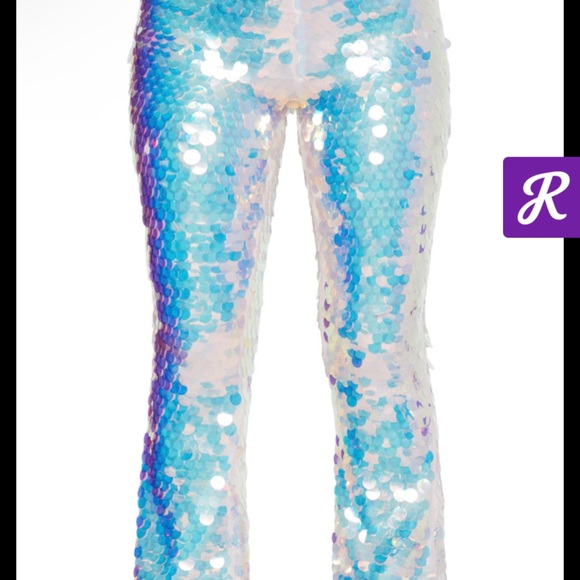 PrettyLittleThing white, iridescent sequin flare pants and bra top - Picture 6 of 12
